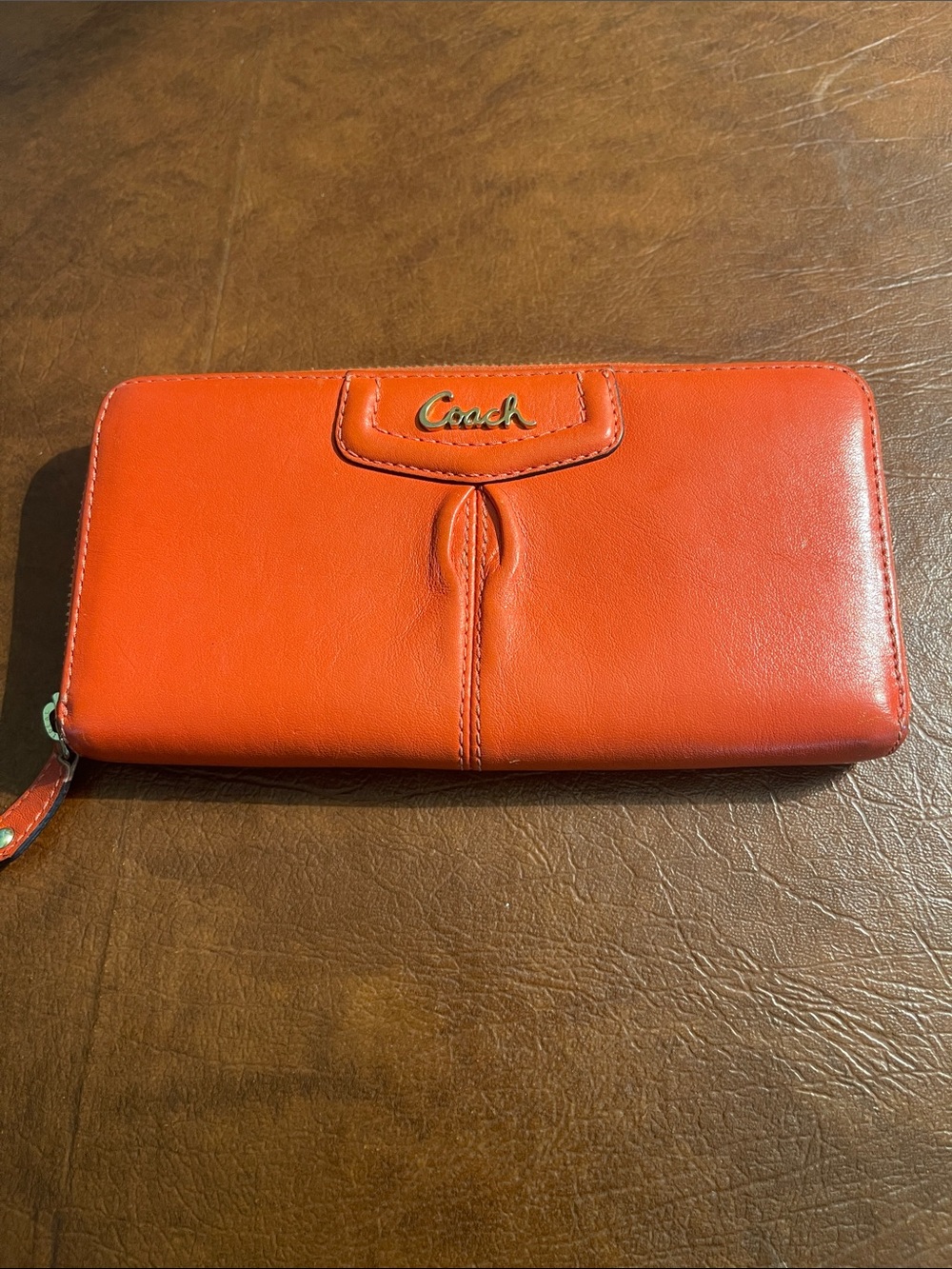 Coach  Orange Leather Zip-Around Wallet with Gold Logo